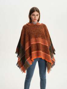 Women's Hooded Fishbone Pattern Poncho Cloak, Suitable For Spring, Autumn And Winter - Hooded Cape Pullover - View 6