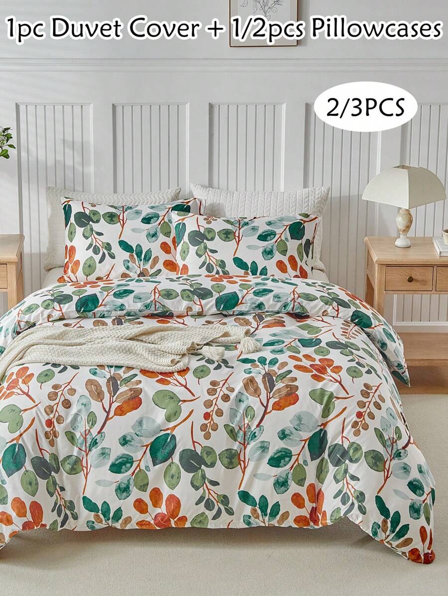 Set de funda nórdica con estampado de hojas botánicas de 2/3 piezas, set de ropa de cama moderno y de estilo cottage para todas las estaciones, suave y transpirable, lavable a máquina (1 funda nórdica + 1/2 fundas de almohada, sin relleno)