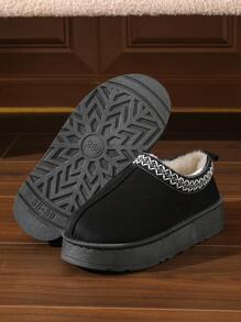 冬季畅销款蕾丝边一脚蹬拖鞋，女士及情侣款，保暖雪地靴，防滑厚底，简约复古室内/室外穿着 - 黑色 - 查看 4