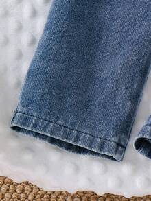 2 件女婴可爱休闲套装 - 粉色蝴蝶结圆领运动衫上衣和粉色蝴蝶结松紧腰牛仔裤套装，春秋 - 粉色 - 查看 7