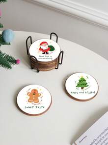 Set de 6 suporturi de pahare din lemn de Crăciun cu suport metalic, elegante de înaltă calitate cu Moș Crăciun, ren, om de turtă dulce, om de zăpadă, suporturi de pahare din lemn pentru brad de Crăciun, potrivite pentru decorul casei, măsuța de cafea din sufragerie, ceaiul de după-amiază, cafenea, restaurant, cadou