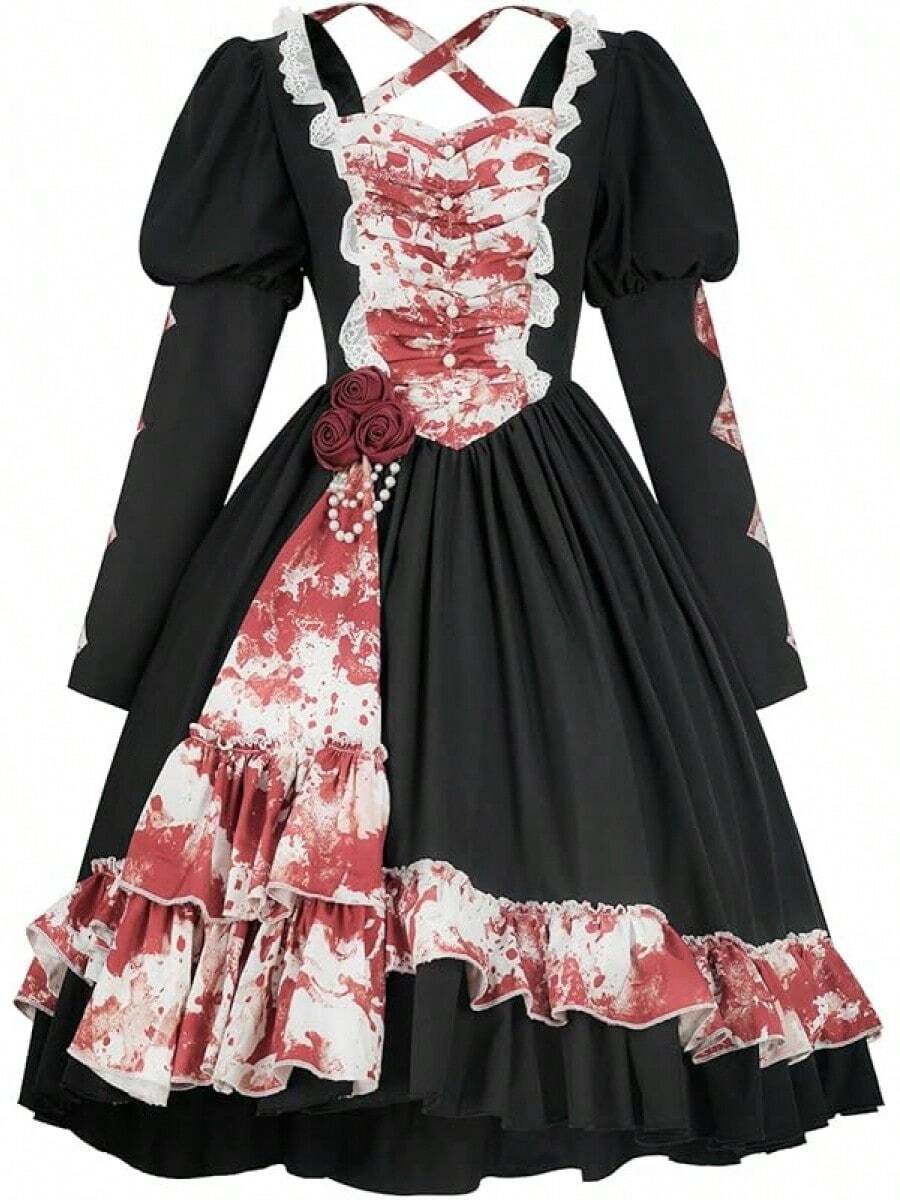 Gothic Lolita Bloody Bride Costume For Women, Kawaii Halloween Dress, Anime Doll Cosplay Party Outfit - 黑色 - 查看 1