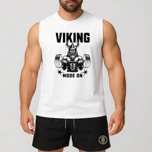 Men's Oversized Tank Top And Tactel Gym Shorts Set With Viking Mode Print - White/black - View 1