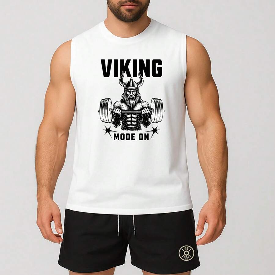Men's Oversized Tank Top And Tactel Gym Shorts Set With Viking Mode Print - White/black - View 1