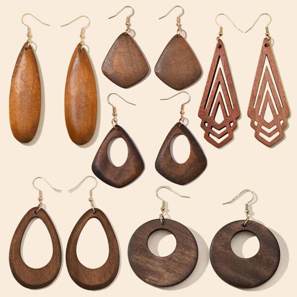 6 Pairs/Set Teardrop & Round Wooden Earrings For Women - Diverse Geometric Shapes, Minimalist Retro Fashion Choice
