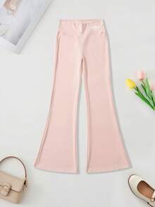 Girls' Heart Print Flared Pants, Children's Black Versatile Skinny Leggings, Young Girl' Elegant High Stretch Yoga Pants - Baby Pink - View 3