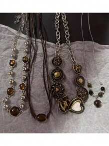 1/4 Stücke Vintage Leder Braun Edelstein Anhänger Halskette, mehrschichtige Choker Halskette, elegante Schlüsselbein Kette für Frauen, Herbst/Winter