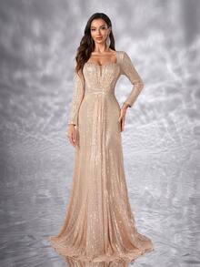 YISIKADO 女士正式晚礼服优雅奢华亮片闪亮甜心领口长袖高腰毕业婚礼宾客晚宴舞会礼服仪式主持人仪式庆典礼服高腰闪亮礼服