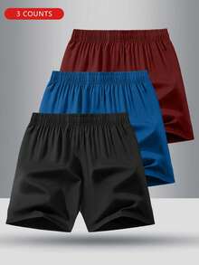 3pcs/Set Boys' Solid Color Elastic Waist Casual Sports Shorts, Summer - Burgundy - View 2