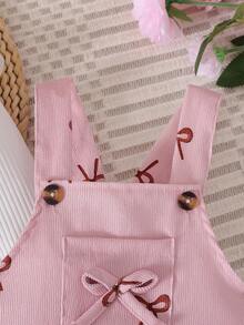 Baby Girls Casual Fashion Daily Suspender Pants, Lightweight All-Over Embroidered Floral Light Blue Overalls, Autumn Baby Girl Stylish Jumpsuit - Pink - View 4