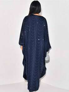Middle East 2026 Spring/Summer New Women's Fashion Loose Rhinestone Abaya Cardigan Long Robe - Blue - View 4