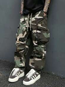 男士迷彩印花休闲宽松直筒工装裤，适合返校季，时尚多口袋工作裤，男士街头服饰 - 軍綠色 - 查看 2