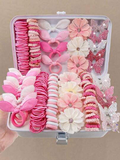 170pcs Pink Tone Faux Flower Hair Clips, Cute Princess Hair Accessories, Elastic Durable Non-Damaging Hair Ties, Hair Scrunchies, Rabbit Ear Hair Hoops, Butterfly Hairpins, Duck Clips, Fashion Versatile Hair Decorations, Suitable For Daily Use, Gift