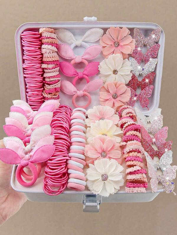 170pcs Pink Tone Faux Flower Hair Clips, Cute Princess Hair Accessories, Elastic Durable Non-Damaging Hair Ties, Hair Scrunchies, Rabbit Ear Hair Hoops, Butterfly Hairpins, Duck Clips, Fashion Versatile Hair Decorations, Suitable For Daily Use, Gift