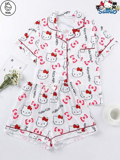 Sanrio 2pcs/Set Sanrio Hello Kitty & Cat Cartoon Letter Print Bow Decor Polo Collar Cardigan With Pockets & Shorts, Casual Comfortable Homewear Pajamas Set For Little Girls, Tweens & School Students