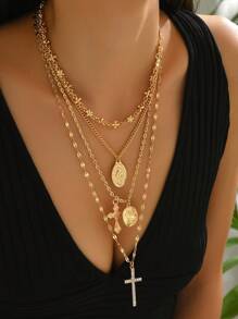 4pcs/Set Vintage Metal Jesus Cross Necklace, Multilayer Design Jewelry Set For Women, Suitable For Daily Wear, Travel, Party, Music Festival - Multicolor - View 1