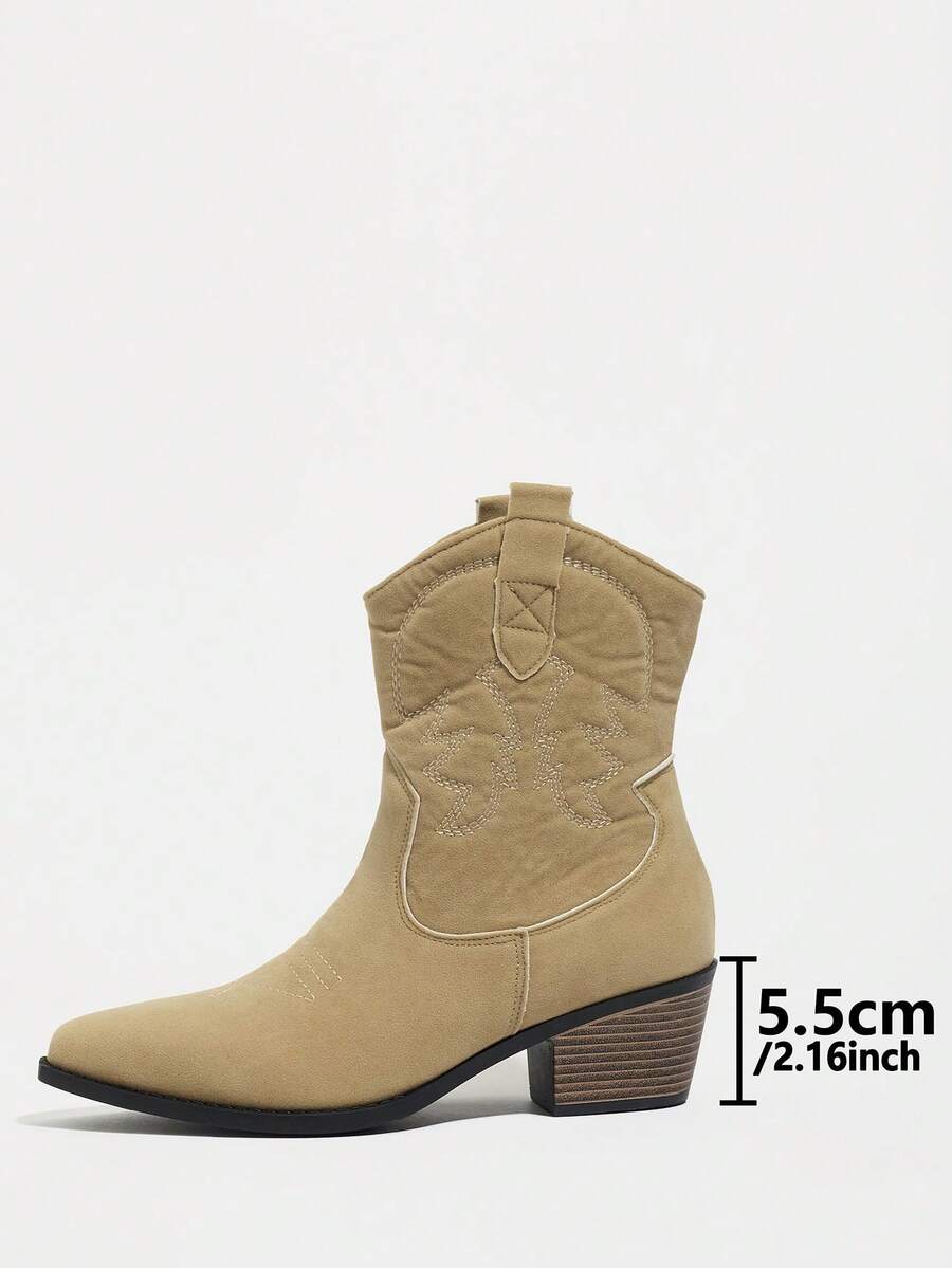 Botas occidentales clásicas para mujer, botas de media pantorrilla de moda bordadas, botas de montar cómodas y elegantes con tacón grueso y punta puntiaguda, botas color albaricoque - Albaricoque - Ver 1