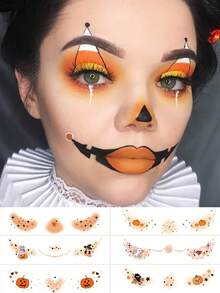 6 Blatt Halloween Sommersprossen Gesichts-Tattoos mit Katze, niedlichem Kürbis, Stern, Herz, wasserfeste realistische temporäre Halloween Tattoo Aufkleber für Frauen Cosplay Make-up Halloween Party Festival Abschlussball