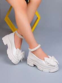 1 双女童春秋新款皮靴，蝴蝶和珍珠装饰，简约甜美公主鞋，软底舒适平底学生鞋，女童乐福鞋适合户外、派对、舞会 - 白色 - 查看 2