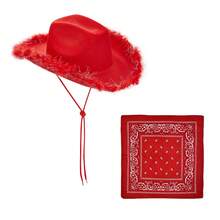 Adjustable Chin Strap Cowboy Hats Cowgirl Hat With Scarf For Women Girls Cowboy Costume Theme Party - 紅色毛邊和方巾 - 查看 3