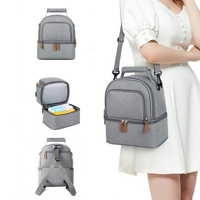 One Piece Of Women's New Gray Fashion Double-Walled Baby Bottle Bag, Insulated Bag, Suitable For Daily Travel On Both Shoulders, One Shoulder, Hand-Held Changing Bag, Multi-Functional Fresh-Keeping Milk Storage Ice Bag
