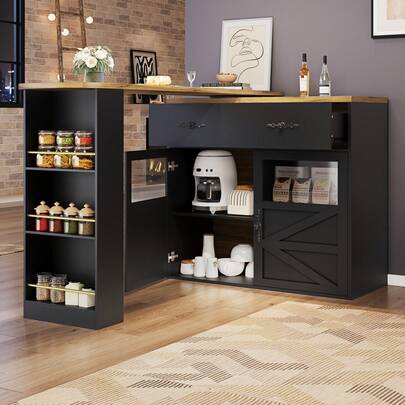 okwish Uitschuifbare bartafel voor keukeneiland met opbergruimte
(Uitschuifbare bartafel met opbergruimte, 360° draaibaar, hoge tafel met lades en planken, 138-204*39*104 cm), 360° draaibare eetbar met opbergruimte