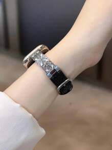 1 条女士皮革珐琅手链，金属皮革表带兼容 38/40/41/42/44/45/46/49 毫米，兼容 表带 Ultra/Se10/9/8/7/6/5/4/3/2/1 - 黑銀 - 查看 4