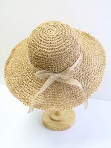 1 件女士手工编织纯色夏季太阳帽，防紫外线镂空草帽，日常旅行沙滩渔夫帽