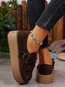 女士厚底蝴蝶结流苏扣厚底平底乐福鞋，玛丽珍一脚蹬鞋，韩版 - 深棕色 - 查看 7