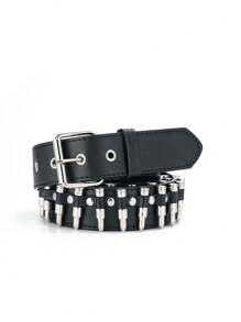 1pc Unisex Bullet Shaped Punk Rock Y2K Style Buckle PU Leather Belt Summer, School - Silver - View 8