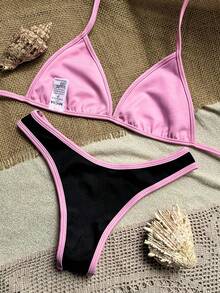 Bikini Set With Zero Transparency Fabric, Fixed Top And Delta Wing Bottoms, Beachwear - 黑色搭配粉紅色 - 查看 2