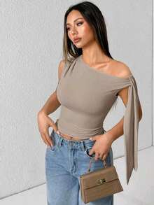 Elegant Suplex T-Shirt Top With Asymmetrical Shoulders And Straps, Ideal For Daily Use, Outings, Nightclubs, Parties, Halloween Costumes - 淺灰色 - 查看 5