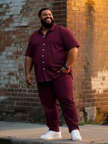 Big & Tall Men's Summer Set - Short Sleeve Button-Up Shirt & Relaxed Fit Pants, Soft Stretch Knit Fabric (130 GSM), Sizes 2XL-8XL, Moisture-Wicking & Comfortable For Outdoors - Màu Đỏ Sâu - Xem 7