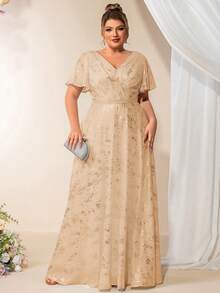 EVERPRETTY Elegant Chiffon Deep V-Neck Sequin Decor Ruffle Sleeve Champagne Bridesmaid Dress, Evening Gown - Champagne - View 1