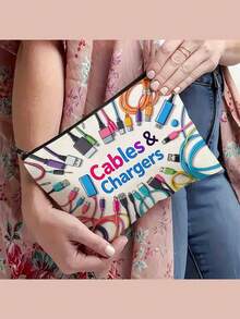 Cables And Chargers Organizer Pouch,Canvas Charger Storage Bag,Compact Storage Space For Electronics And Accessories,Foldable Lightweight Electronics Accessories Storage,Fashion Zipper Bag,Toiletry Bag, Cosmetic Bag - Multicolor - View 5