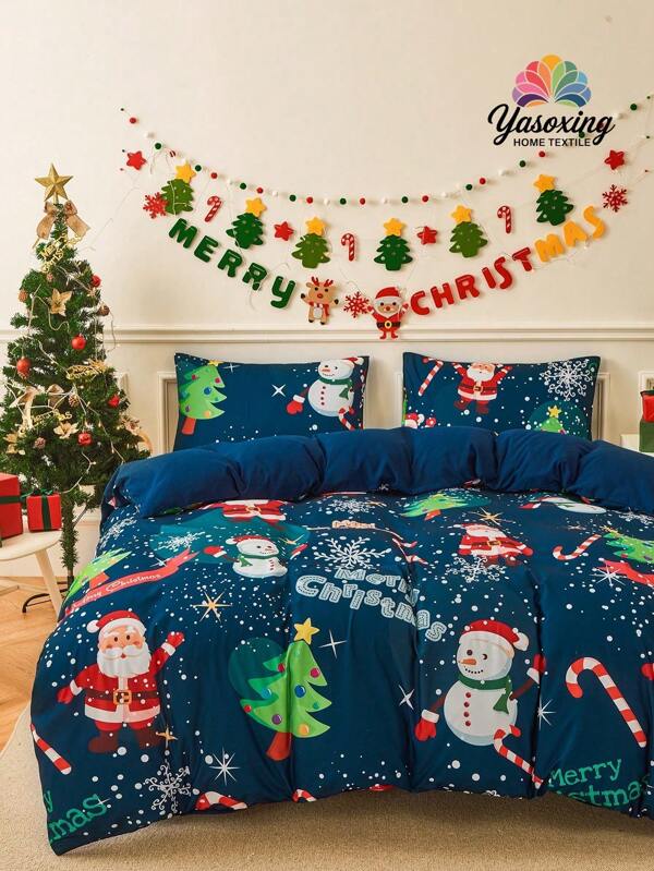 3pcs Blue Polyester Duvet Cover Set With Christmas Santa Claus, Tree, Snowman Pattern