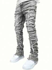 Celana Jeans Denim Berumbai Kreatif Gaya Jalanan Kasual Pria - Grey - View 4