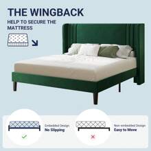 Allewie Full/Queen/King Size Velvet Platform Bed Frame With Vertical Tufted Wingback Headboard, Easy Assembly, Under Bed Storage, No Box Spring Required, Modern Style, Green - 綠色 - 查看 8