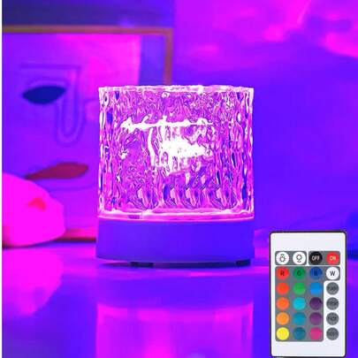 1个圆形投影灯，夜灯，水晶台灯，创意床头灯，带旋转水波动态效果、火焰氛围灯，USB供电，3种颜色和16种颜色可选，16种颜色可通过遥控器控制，卧室RGB夜灯，旋转水波纹设计，适用于房间、卧室、走廊、客厅、卧室装饰、房间装饰