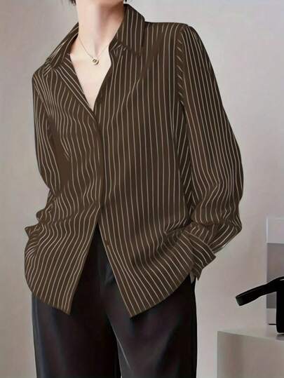 女士春夏前扣领长袖休闲宽松条纹衬衫