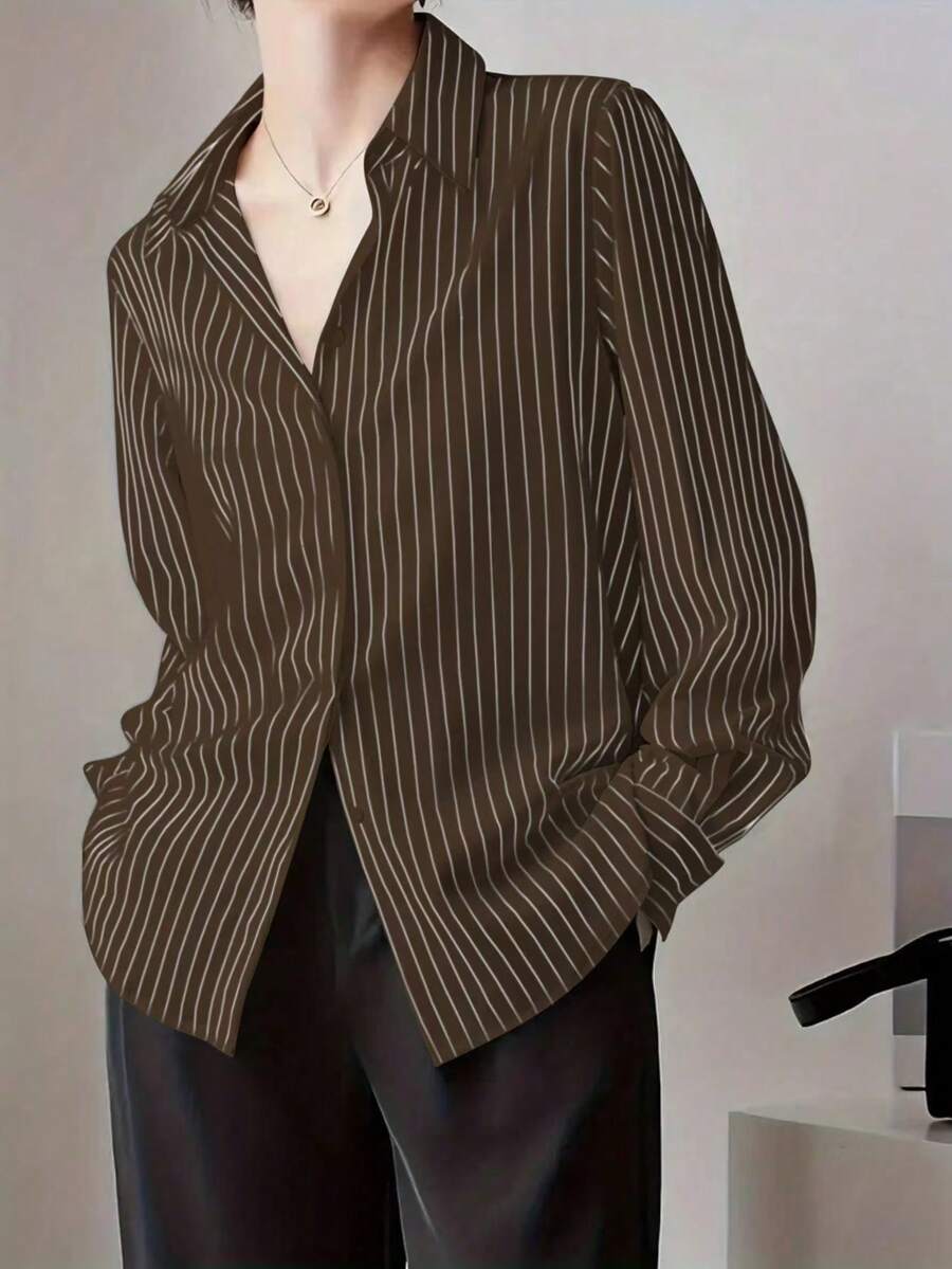 女款春夏/秋冬前扣式襯衫領長袖簡約條紋休閒寬鬆上衣