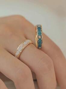 1 件独特花卉印花优雅设计精致薄荷绿珐琅可调节戒指 - 墨綠色 - 查看 4