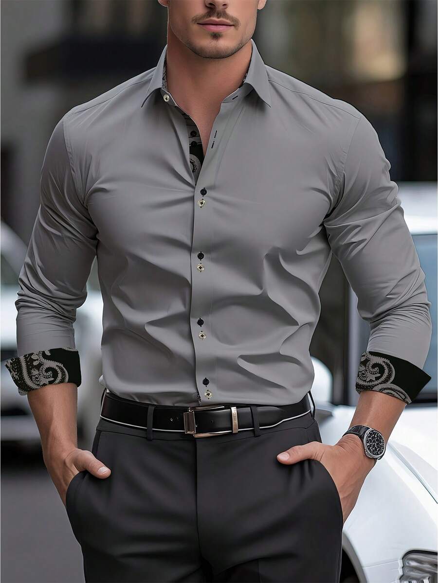 推荐畅销男士衬衫，高品质浅灰色衬衫，袖口采用精致的佩斯利花纹设计，职业精英必备单品，秋季