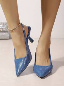 Women's Textured Patchwork Pointed Toe Backless Kitten Heel Shoes, Fashion Sexy Blue Color, Suitable For Plus Size, Vacation Style - Royal Blue - View 3