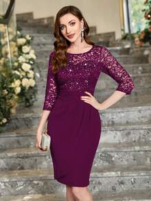 MIUSOL Sequin Floral Lace Round Neck Bodycon Semi-Formal Party Pencil Dress - Maroon - View 4