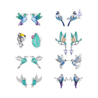  BAMOER 1 Pair 925 Sterling Silver Birds And Leaf Stud Earrings Animals Series Colorful CZ Earrings For Women Bird Lovers Fine Jewelry Original Gift