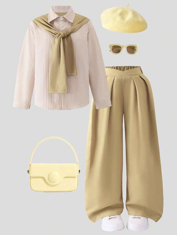 3pcs Girls Striped Patchwork Shirt, Shawl Collar, Solid Color Wide Leg Pants Set, Casual For Spring & Autumn