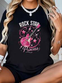 Girls Women's Teen Rock Princess Guitar Stars-Shirt  Round Neck Art Summer Top-Shirt Women