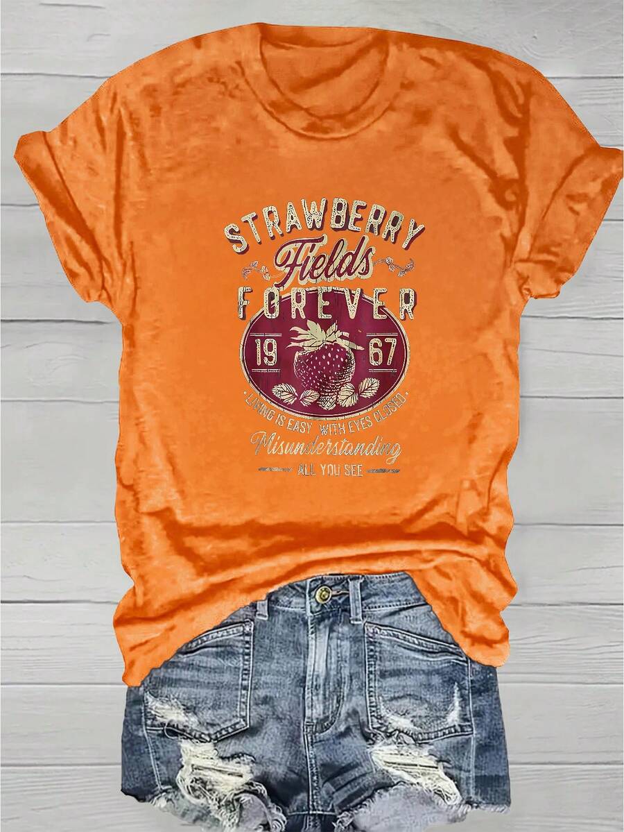 Fashionable Womens Graphic Print T-Shirt - Casual Short Sleeve Crew Neck Top - Lightweight & Breathable For Spring & Summer Wardrobe - trái cam - Xem 1