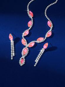 3 件套优雅粉红玫瑰金水钻项链耳环首饰套装，适合女性婚礼生日派对 - 玫紅色 - 查看 5